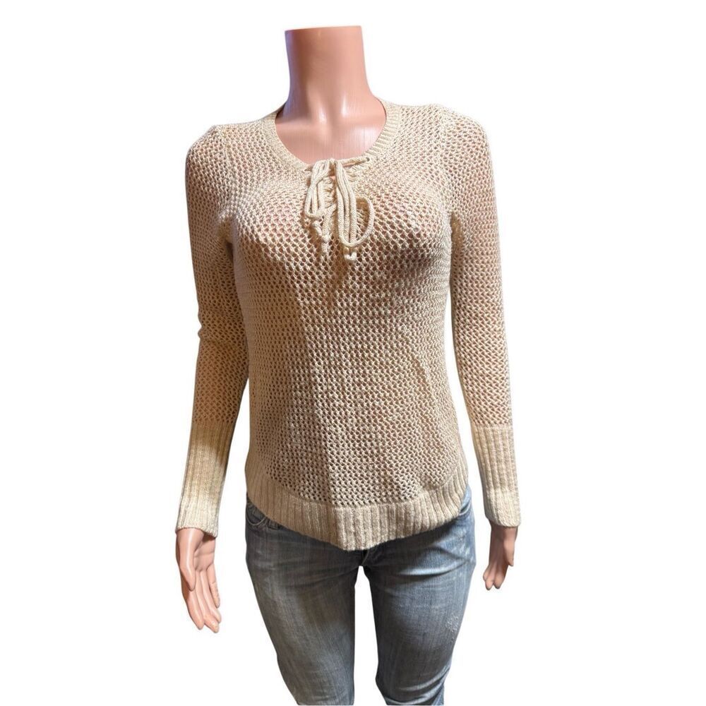 Ohmg crochet tan tie front crochet  pullover top S